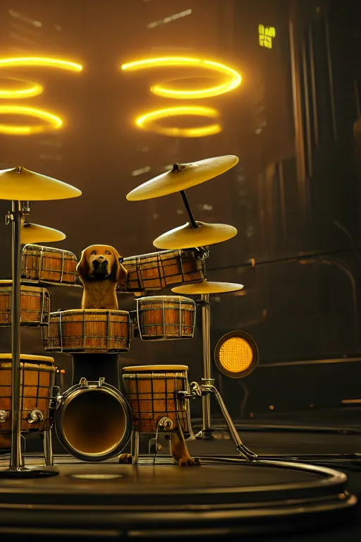 Prompt: high quality 3 d render very cute cerberus labrador plays drums, cyberpunk highly detailed, unreal engine cinematic smooth, in the style of blade runner & detective pikachu, hannah yata charlie immer, moody light, low angle, uhd 8 k, sharp focus