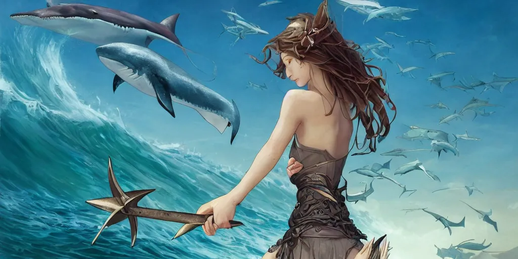 Image similar to close up of a extremely beautiful and aesthetic shark tooth girl holding a symmetrical trident on the horizon, perfect face, symmetric eyes, model pose, slightly smiling, sun set, big wave, big blade whale fighting against thorn sharks flying on the background, epic scene, fantasy illustrations, by peter mohrbacher and makoto shinkai and ferdinand knab