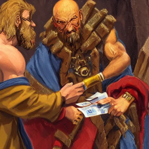 Prompt: realistic grom hellscream calmly giving judas iscariot money