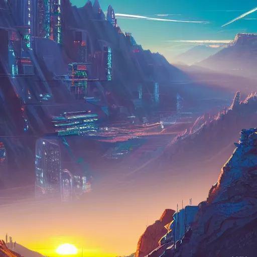 Image similar to beautiful sunset over detailed cyberpunk suburb in a valley surrounded by epic mountains with snowtops, sharp, highly detailed, oil on canvas, kacper niepokolczycki, syd mead, 4 k, perfect geometry