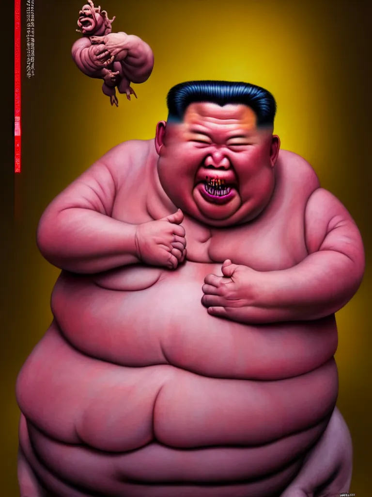 Prompt: hyperrealistic rendering, fat smooth cronenberg flesh monster kim jong - un by donato giancola and greg rutkowski and wayne barlow and zdzisław beksinski, product photography, action figure, sofubi, studio lighting, colored gels, colored background