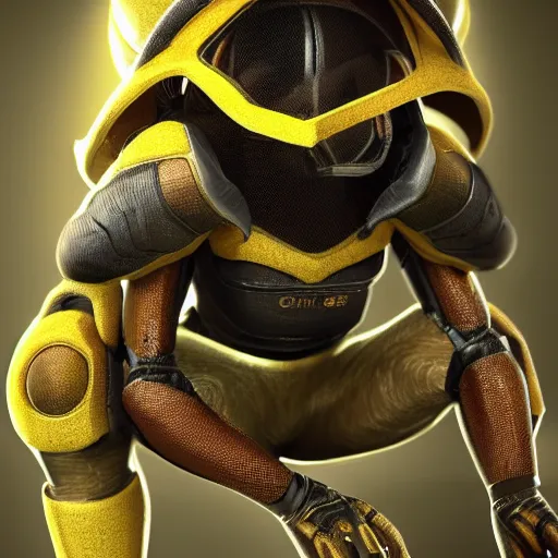 Prompt: a bee squatting in knee pads, extremely detailed, digital painting, sculpted in zbrush, artstation, concept art, smooth, sharp focus, illustration, chiaroscuro soft lighting, golden ratio, rule of thirds, fibonacci, lots of reflective surfaces, subsurface scattering