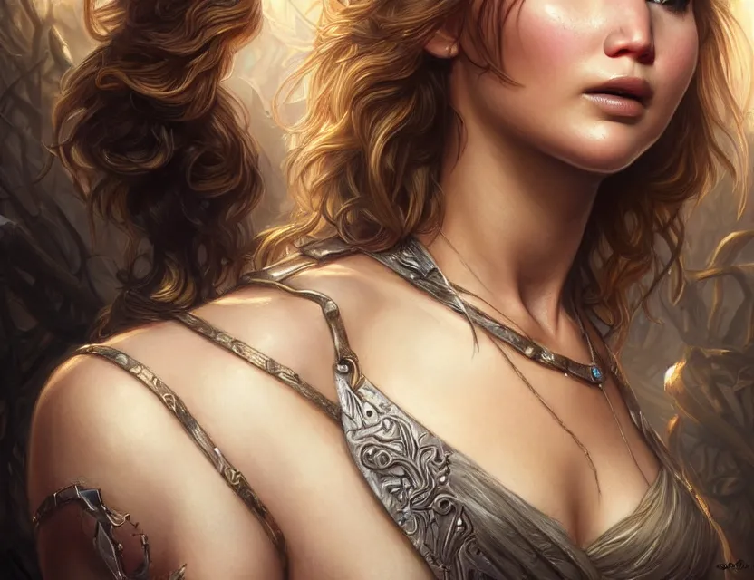 Image similar to Jennifer Lawrence, closeup, D&D, fantasy, intricate, elegant, highly detailed, digital painting, artstation, concept art, matte, sharp focus, illustration, hearthstone, art by Artgerm and Greg Rutkowski and Alphonse Mucha