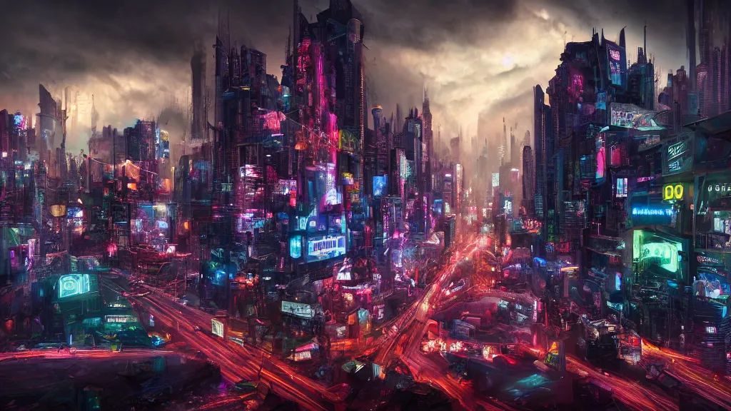 cyberpunk city, 4 k resolution, ultra wide angle,, Stable Diffusion