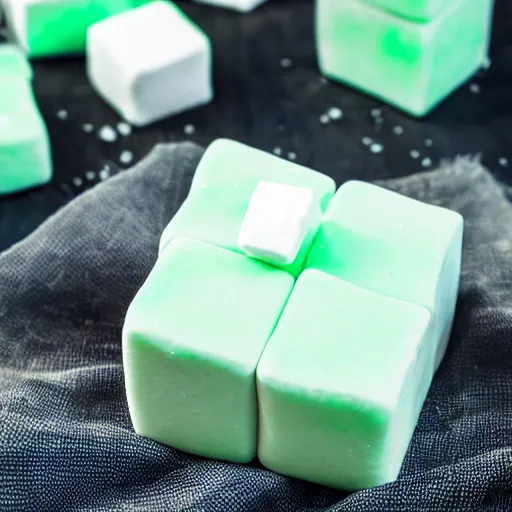 Image similar to photograph of a marshmallow cube with mint swirls on a dark wooden chopping board, hessian cloth, styled food photography, photorealistic, 4 k