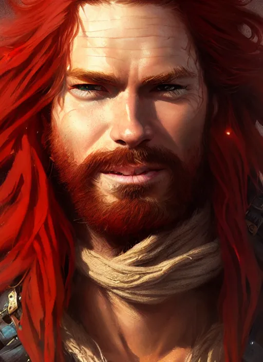 Image similar to portrait of a young ruggedly handsome but joyful pirate, male, masculine, full body, red hair, long long hair, d & d, fantasy, intricate, elegant, highly detailed, digital painting, artstation, concept art, matte, sharp focus, illustration, art by greg rutkowski