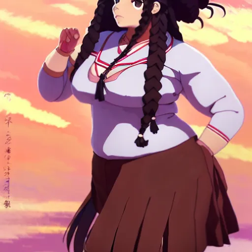 Prompt: a beautiful! plus sized instagram model, brown skin, wearing catholic school girl outfit with mayan pattern and native style, jrpg aztec street fashion, gapmoe yandere grimdark, trending on pixiv fanbox, painted by greg rutkowski makoto shinkai takashi takeuchi studio ghibli, akihiko yoshida