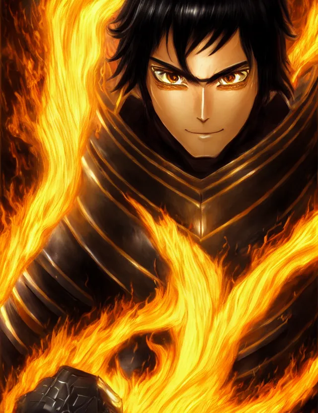 Image similar to a detailed manga portrait of a black haired man with hazel eyes in gleaming golden armour that burns with golden fire, trending on artstation, digital art, 4 k resolution, detailed, high quality, sharp focus, hq artwork, coherent, insane detail, character portrait