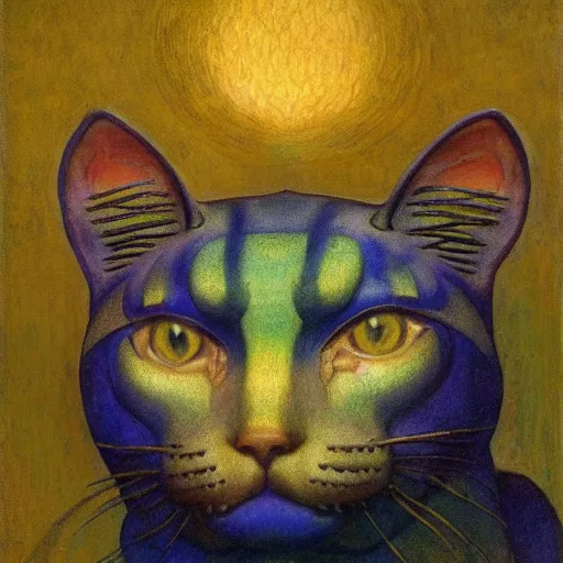 Image similar to masterpiece sculpture of a cloisonne cat head, by annie swynnerton and diego rivera and nicholas roerich and jean delville, symbolist, dramatic lighting, god rays, art brut, rich colors, smooth, sharp focus, extremely detailed, adolf wolfli and ( donato giancola and bilibin )