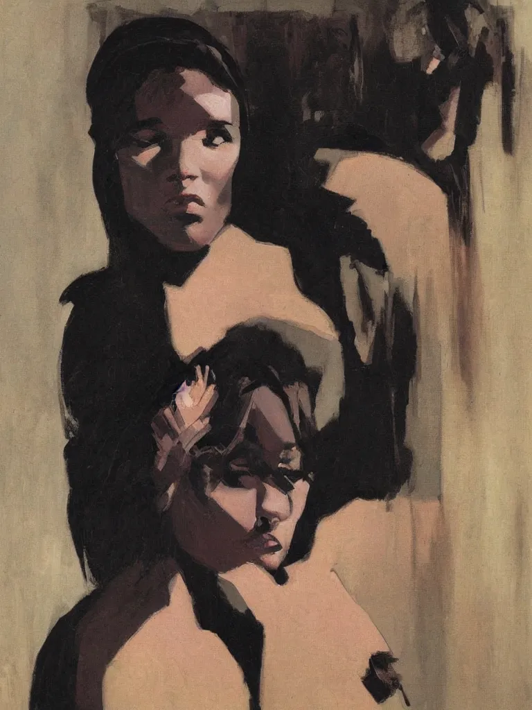 Image similar to portrait profile of one mysterious dark beautiful women in 1 9 7 8, oil painting by john watkiss