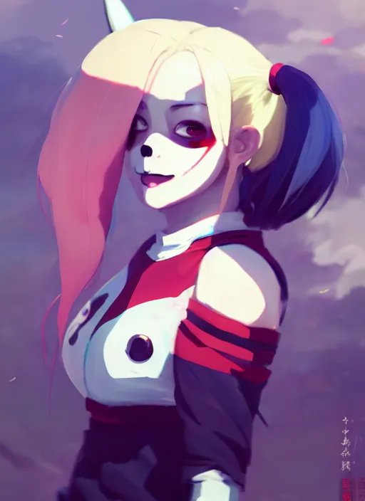 Image similar to portrait of cute harley quinn, cloudy sky background lush landscape illustration concept art anime key visual trending pixiv fanbox by wlop and greg rutkowski and makoto shinkai and studio ghibli