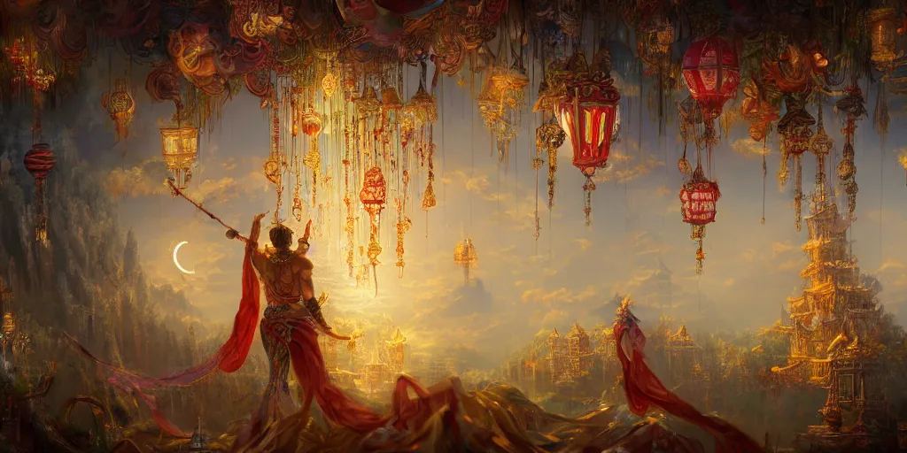 Prompt: painting of a god of wind enjoying his ornate heavenly palace, decorated with windchimes and paper lanterns, stunning nature in background, cinematic, 8 k, hyper detailed, digital art trending on artstation