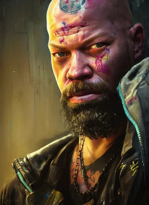 Image similar to portrait of Ivan moody as a homeless character in Cyberpunk 2077, looking at camera, intricate, dystopian, sci-fi, extremely detailed, digital painting, artstation, concept art, smooth, sharp focus, illustration, intimidating lighting, incredible art by artgerm and greg rutkowski and alphonse mucha and simon stalenhag