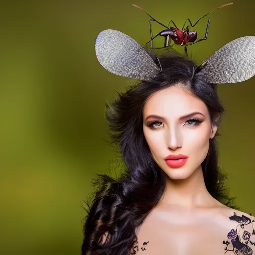 Image similar to a portrait of a beautiful ant model, beauty shot, glamor pose, photography, headshot, headpiece, female character, canon eos r 3, f / 1. 4, iso 2 0 0, 1 / 1 6 0 s, 8 k, raw, unedited, symmetrical balance, in - frame