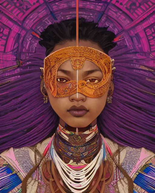 Prompt: colourful upper half portrait of dark - skinned tribal warrior - art by tenmyouya hisashi, hsiao - ron cheng & alphonse mucha, highly detailed, digital painting, illustration, smooth, sharp focus, intricate, symmetry, pinterest, behance, artstation