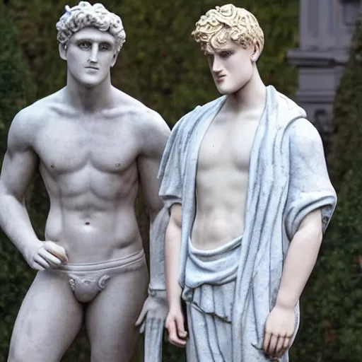 Prompt: a realistic detailed photo of youtubers jake paul & logan paul as a marble statue, blank stare