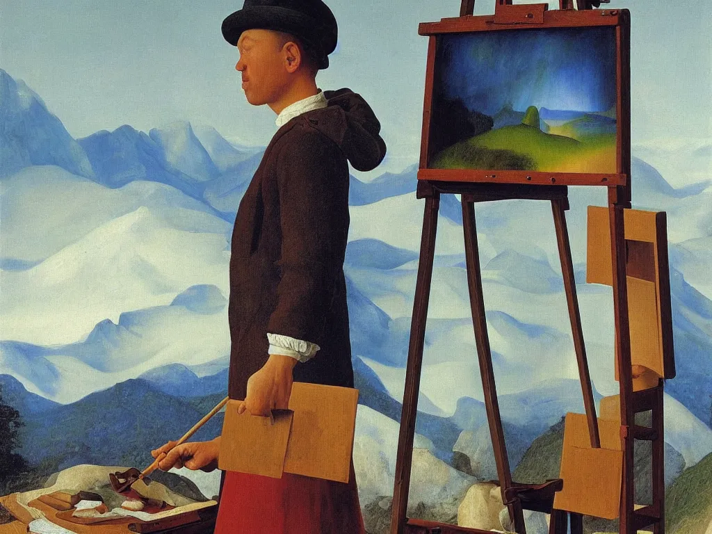 Prompt: portrait of a young expressionist painter at his easel, canvas. landscape with icy mountains far away. painting by jan van eyck, rene magritte, agnes pelton