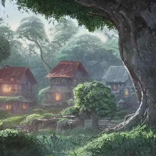 Image similar to concept art painting of a forest village with houses made of trees and roots, houses inside trees, vines, deep forest, realistic, detailed, cel shaded, in the style of makoto shinkai and greg rutkowski and james gurney