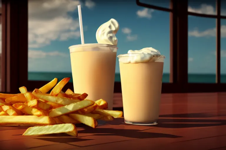 Prompt: best fries, best mayonnaise, best weather, best light, best drink. super realistic 8 k render of a elegant, cinematic composition