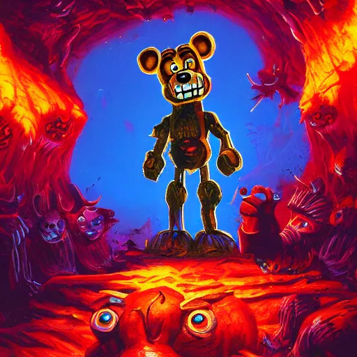 Image similar to freddy fazbear in hell by paul lehr and moebius