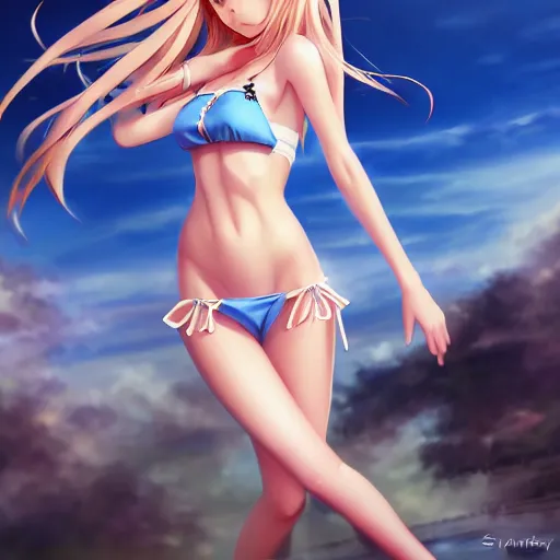 Image similar to a very beautiful young anime summer girl, full body, long wavy blond hair, sky blue eyes, full round face, evil grin, bikini, miniskirt, front view, mid - shot, highly detailed, cinematic wallpaper by stanley artgerm lau