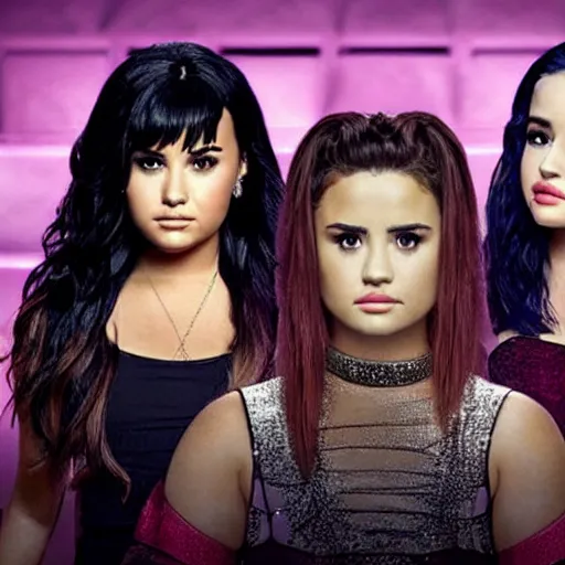 Prompt: Demi Lovato and Selena Gomez and Ariana Grande in a Charmed movie directed by Christopher Nolan, movie still frame, promotional image, imax 35 mm footage