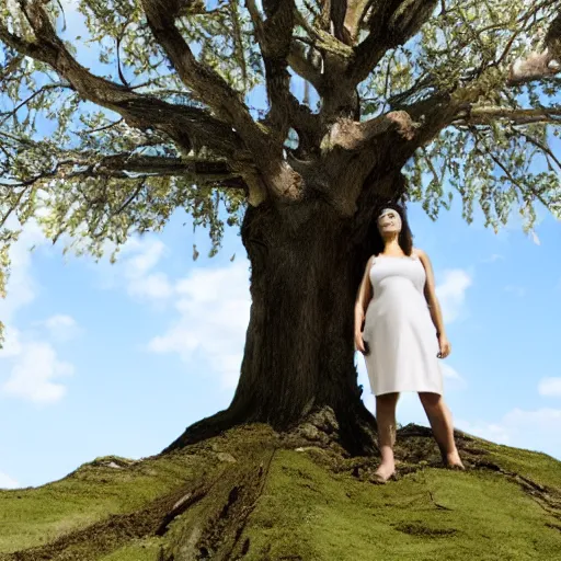 Image similar to a woman standing close to a tree