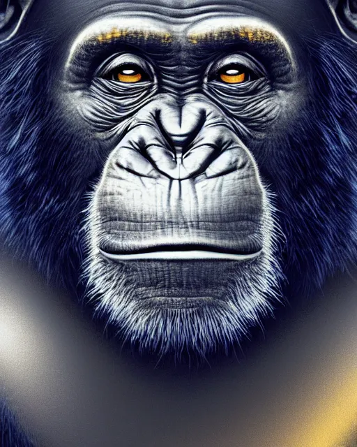 Prompt: blue, gold, very detailed high resolution illustration portrait of a chimpanzee, backlit, night covered in stars, 3 d, 8 k, extremely detailed, artstation, award winning, sharp focus, illustration
