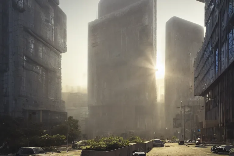 Image similar to streetscape, a towering cathedral of brutalist architecture, buildings covered with greebles, stunning volumetric light, sunset, metal, concrete and translucent material, stunning skies, majestic landscape, trending on Artstation, 8k, photorealistic, hyper detailed, unreal engine 5, IMAX quality, cinematic, epic lighting, in the style of Greg Rutkowski