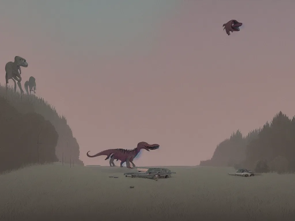 Prompt: a detailed illustration of a dinosaur by simon stalenhag, muted colors