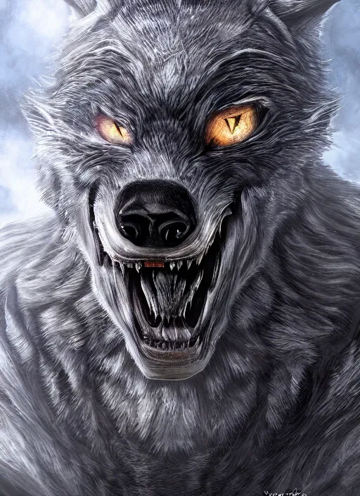 Image similar to werewolf, detailed eyes, fantasy, intricate, highly detailed, digital painting, 4k, HDR, concept art, smooth, sharp focus, illustration, by Wayne Reynolds