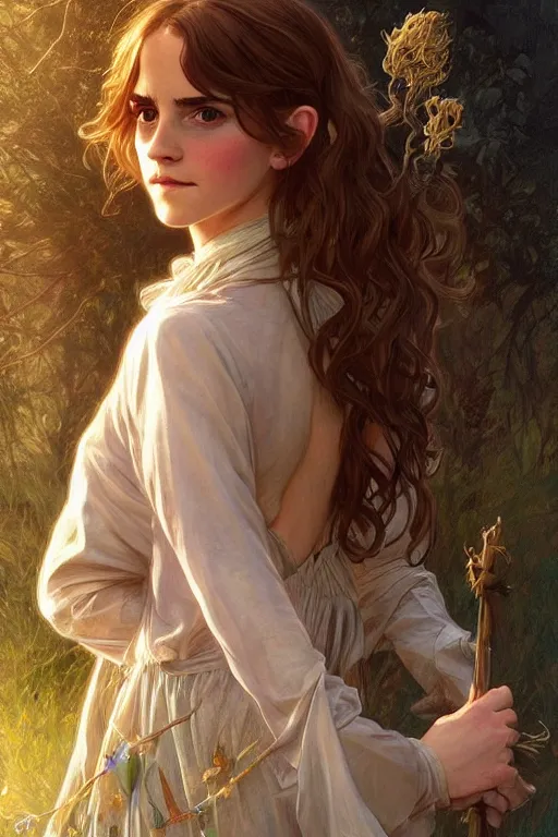 Prompt: beautiful cottagecore emma watson as hermione holding a magic wand, magical Hair, magical forest, intricate, elegant, highly detailed, digital painting, artstation, concept art, smooth, sharp, focus, illustration, art by artgerm and greg rutkowski and alphonse mucha