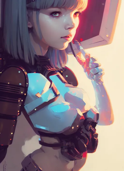 Image similar to portrait of cute maiden girl in cyber bikini armor, face by ilya kuvshinov, warhammer, cyberpunk, by atey ghailan, by greg rutkowski, by greg tocchini, by james gilleard, by joe fenton, by kaethe butcher, dynamic lighting, gradient light blue, brown, blonde cream and white color in scheme, grunge aesthetic