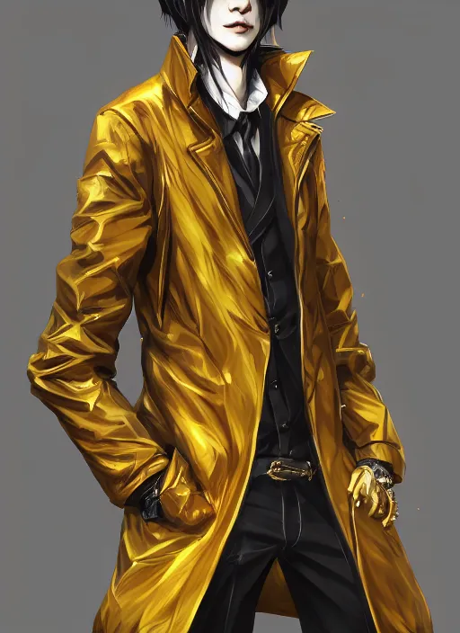 Prompt: a highly detailed illustration of young attractive japanese guy wearing black detective coat, yellow eyes, dramatic standing pose, hyperdetailed perfect face, intricate, elegant, highly detailed, centered, digital painting, artstation, concept art, smooth, sharp focus, league of legends concept art, wlop.