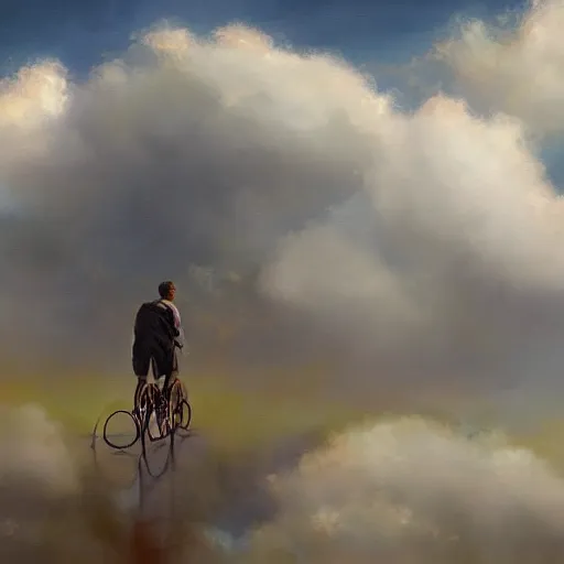 Prompt: A man riding his bicycle through the clouds in the sky, evokes feelings of wonder and amazement, an expressive oil painting by Wes Wilson and Krenz Cushart