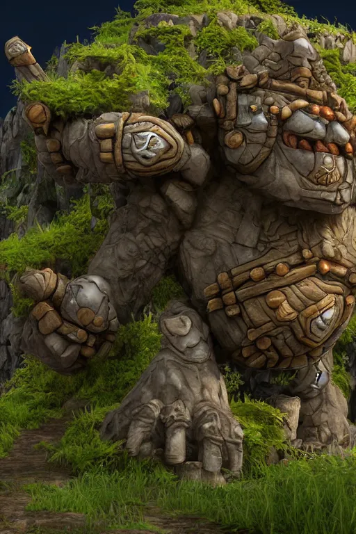 Image similar to zelda fantasy art giant golem troll wood rock greeble gemstone, global illumination ray tracing hdr fanart arstation by sung choi and eric pfeiffer and gabriel garza and casper konefal