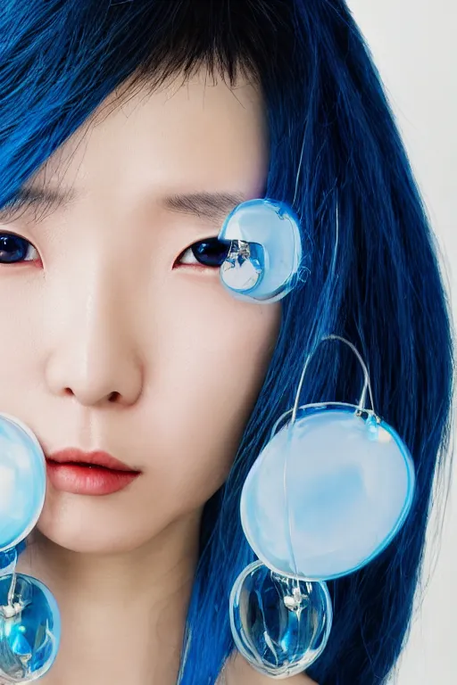 Image similar to a close - up full shot of a cyberpunk japanese woman with cold blue eyes and pretty face wearing lots of transparent and cellophane accessories, huge earrings, blue hour, cool, cold, crisp, by mayumi hosokura