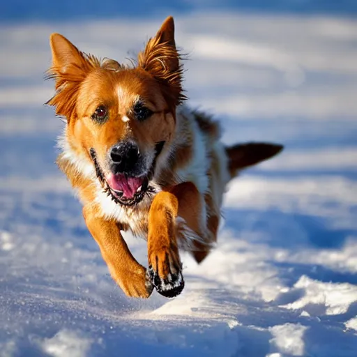 Prompt: Photorealistic photograph of a dog running through the snow, photorealism, photorealistic, realism, real, highly detailed, ultra detailed, detailed, shutter speed 1/1000, 200mm Focal Length, Canon EOS R7