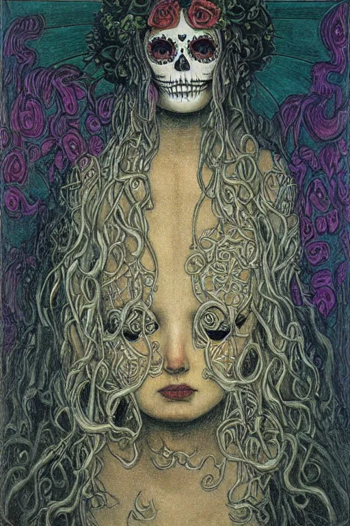 Prompt: Illustration of a sugar skull day of the dead girl, art by jean delville