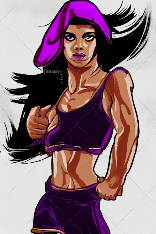 Image similar to arabian wrestling woman, cleanest posse, cleanest content without duplication, justify, parallel content, hyperrealistic anatomy, violet polsangi pop art, gta chinatown wars art style, sharp focus, bioshock infinite art style, incrinate, dynamic stretching, rgba color, white frame, balance proportion content