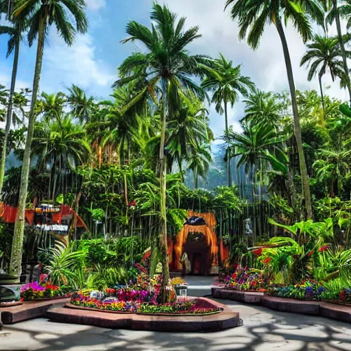 Prompt: taking the first steps in jurassic park, you are greeted by a beautiful entrance plaza. it is surrounded by tall palm trees and colorful flowers. the plaza looks like an oasis, it is calm and inviting. you are amazed by the variety of plants and flowers.