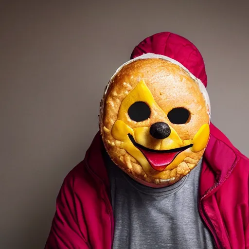 Image similar to an elderly man wearing a mask made from a cheeseburger, bold natural colors, national geographic photography, masterpiece, 8 k, raw, unedited, symmetrical balance