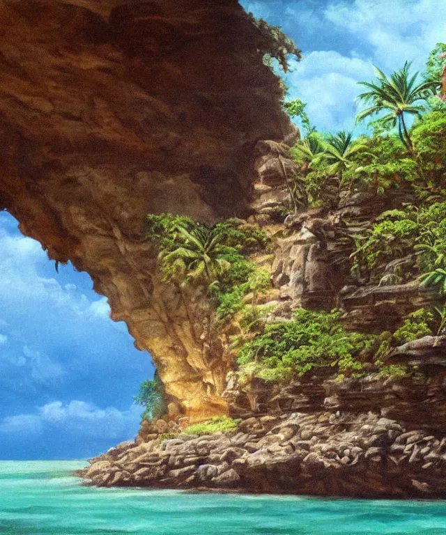 Image similar to photorealistic painting of turtle bay beach jamaica, sharp cliffs, island with cave, dark, atmospheric, brooding, smooth, finely detailed, cinematic, epic, in the style of clyde caldwell