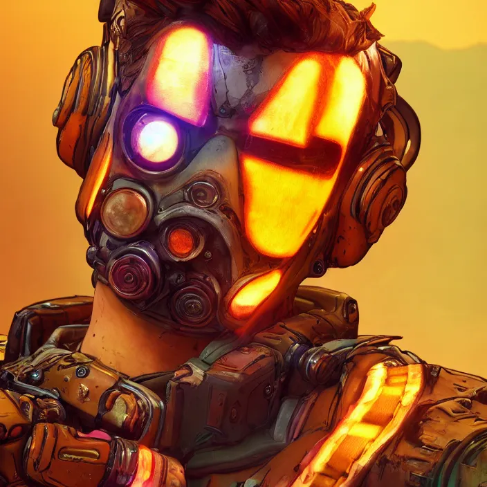 Image similar to glowwave portrait of curly orange hair man from borderlands 3, au naturel, hyper detailed, digital art, trending in artstation, cinematic lighting, studio quality, smooth render, unreal engine 5 rendered, octane rendered, art style by klimt and nixeu and ian sprigger and wlop and krenz cushart.