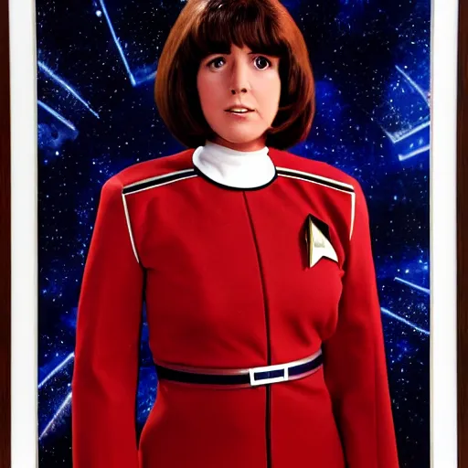 Prompt: a full body photograph of 1 9 7 0 s sarah jane smith from doctor who as a star fleet science officer from star trek next generation, full dress uniform, symmetrical face, extreme realism and detail, 8 k, completely framed, direct lighting, 3 5 mm photo, photorealistic, sharp focus