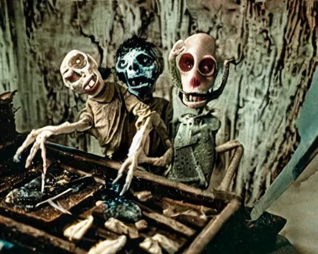 Image similar to still from a full - color 1 9 8 5 creepy live - action stop - motion puppetry film by the brothers quay in the style of a tool music - video, involving nails and soap, inside elaborate dioramas.