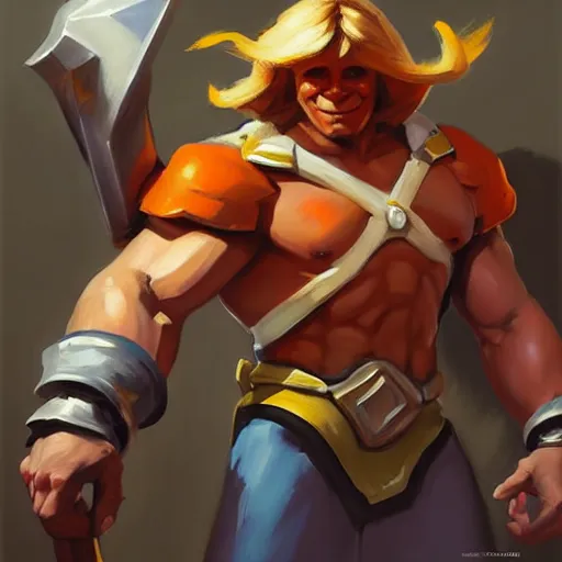 Image similar to Greg Manchess portrait painting of HeMan as Overwatch character, medium shot, asymmetrical, profile picture, Organic Painting, sunny day, Matte Painting, bold shapes, hard edges, street art, trending on artstation, by Huang Guangjian and Gil Elvgren and Sachin Teng