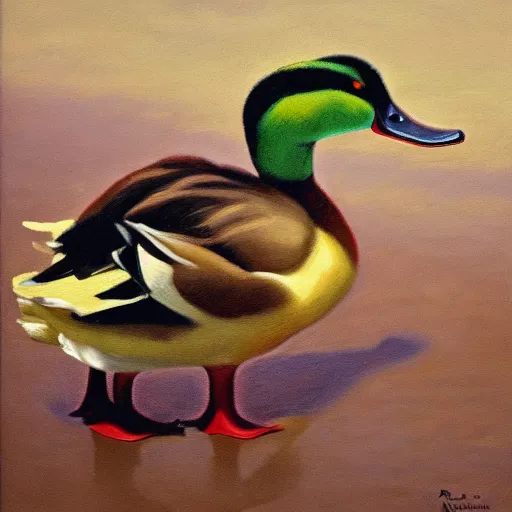 Prompt: a duck on the prowl oil painting alexander roitburd