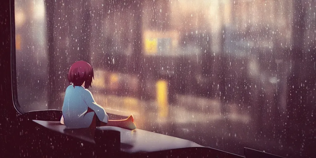 Image similar to Girl sitting in a window seat in a bus at night, raining, cinematic lighting, style by Makoto Shinkai