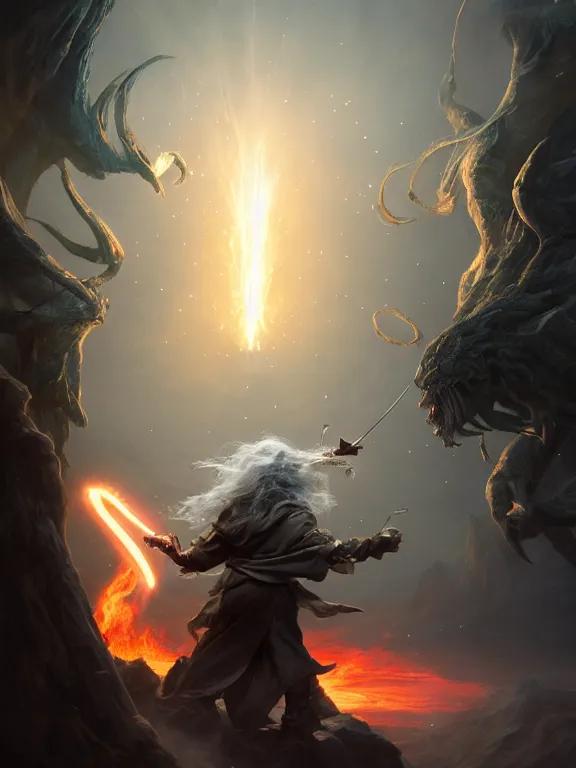 Prompt: photo of 8k ultra realistic Gandalf fighting the balrog, full of colour, cinematic lighting, battered, trending on artstation, 4k, hyperrealistic, focused, extreme details,unreal engine 5, cinematic, masterpiece, art by Peter Mohrbacher